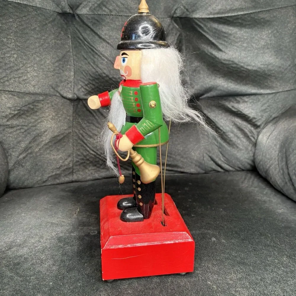 Wooden Animated Nutcracker W/Horn Music Box Moving Mouth & Arms 11